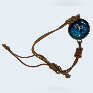 Blue Capricornus Zodiac Constellation Metal Pendant on Leather Bracelet